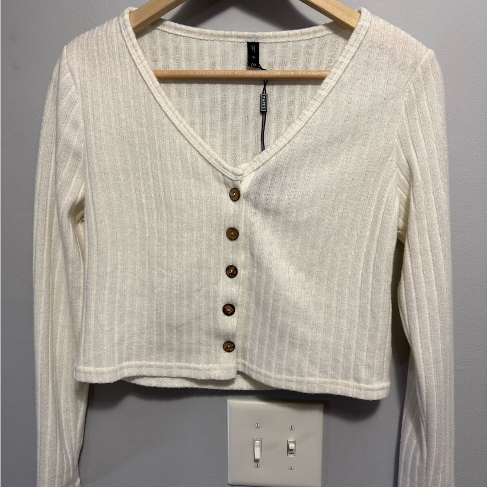 Women's White Ribbed Button-Up Top